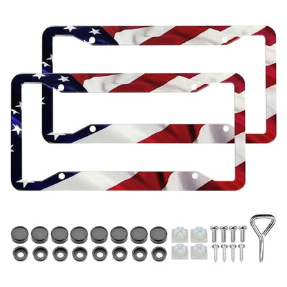 LIN KANG American Flag License Plate Frame Holder - 2 Pack Universal Aluminum Matte Stripe US Flag Gloss Patriotic Car Plate Frame Covers with Free Screws Fasteners Caps - color: Matte American flag B