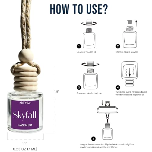 Car Air Freshener Skyfall – Floral Aroma Diffuser, Long-Lasting Lavender & Vanilla Hanging Oil Diffuser with Wooden Cap, Non-Toxic Rearview Mirror Accessory, Made in USA