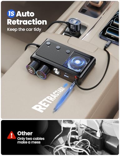 JOYROOM 9 in 1 Cigarette Lighter Splitter, 227W Dual Retractable Car Charger - 45W/24V(36W/12V) USB C Fast Charger for iPhone 17/Samsung, Independent Switches Cigarette Lighter Adapter for Car Devices