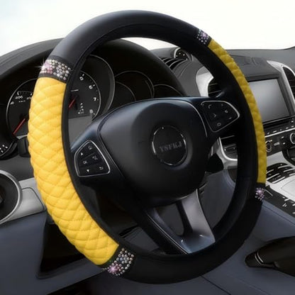 Soft Leather Car Steering Wheel Cover, Universal 15 Inch Colorful Rhinestones Anti-Slip Elastic Steering Wheel Covers for Most Cars, Sparkly Crystal Diamond for Women Girls (Yellow) - color: Yellow