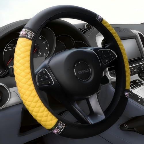 Soft Leather Car Steering Wheel Cover, Universal 15 Inch Colorful Rhinestones Anti-Slip Elastic Steering Wheel Covers for Most Cars, Sparkly Crystal Diamond for Women Girls (Yellow) - color: Yellow