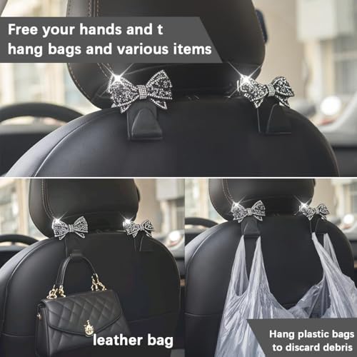 Zpana Bling Car Headreat Hook, 2PCS Crystal Rhinestone Cute Bow Vehicle Seat Back Hanger Storage for Purses Bags Grocery, Diamond Auto Rear Seat Organizer, Universal for SUV Truck Sedan (Pink) - style: Pink/2PCS