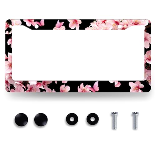 Cherry Blossoms License Plate Frame Beautiful Pink Flowers License Plate Holders Floral Stainless Steel Car Bracket 2 Holes with Screws Universal Auto Accessory License Plate Frames 6.2x12.2 Inch - color: Pink Cherry blossom Flowers Floral