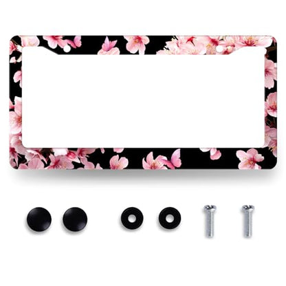 Cherry Blossoms License Plate Frame Beautiful Pink Flowers License Plate Holders Floral Stainless Steel Car Bracket 2 Holes with Screws Universal Auto Accessory License Plate Frames 6.2x12.2 Inch - color: Pink Cherry blossom Flowers Floral