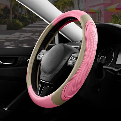Road Comforts Car Steering Wheel Cover - Microfiber Leather Steering Wheel Wrap Sports 14.5-15 Inch Steering Wheel Cover Non-Slip for Men Women Pink & Beige Color - color: Pink&Beige