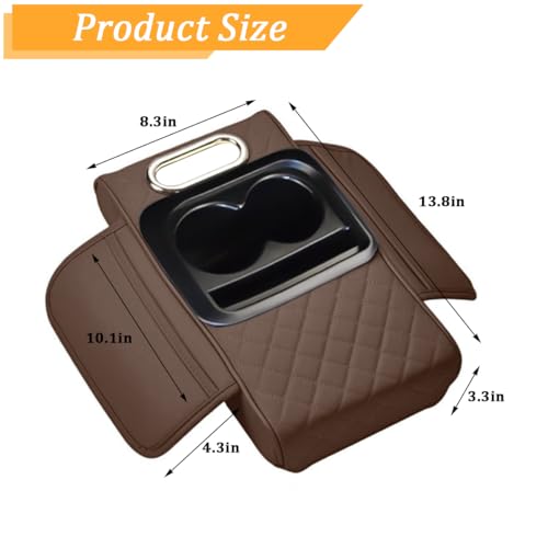 Car Center Console Armrest Box Mat, Nappa Leather Armrest Box Cover with Tissue Box, Cup Holder & Phone Holder, Middle Console Arm Rest Protection Pillow, Universal for Vehicles (Brown) - color: Brown