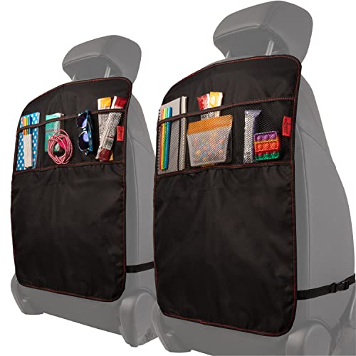 Lusso Gear Heavy Duty Kick Mats (2 Pk) - Back Seat Protector, Sag Proof, Waterproof, Car Back Seat Cover for Kids Who Make Big Messes, 3 Reinforced Storage Pockets, Premium Oxford Fabric (Red) - color: Black with Red Stitching, size: 3 Pockets