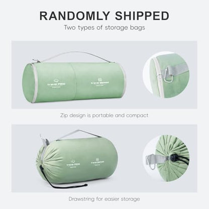urnexttour Travel Pillow and Blanket Set Neck Pillows Soft Blankets with Sleep Mask Travel Essentials for Airplane Car Memory Foam Sage Green - color: B-sage Green