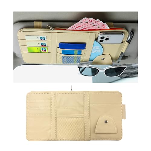 Ohleats Car Sun Visor Organizer, Multifunctional Visor Storage Holder for License Pen Key, Leather Card Cash Pouch with Multi-Pocket Net Zipper, Universal Interior Car Accessories (Beige) - color: Beige