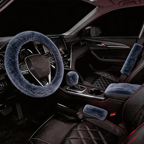 1 Set 6 Pcs Fluffy Car Steering Wheel Cover & Seat Belt Shoulder Pads & Handbrake Cover & Gear Shift Cover Set & Seat Belt Shoulder Pads Faux Wool Universal Fit Car Interior Accessories (Grey) - color: Grey
