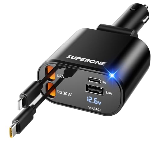 [Upgraded] SUPERONE Retractable Car Charger 4 in 1, Fast Car Phone Charger with Cord 2.6ft, USB C and Apple Car Adapter, Compatible with iPhone 17 16 15/15 Pro Max/14/13/12/11, Galaxy, Pixel - color: Black