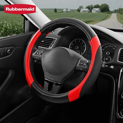 Rubbermaid Steering Wheel Cover – Universal Fit 14.5"–15" Steering Wheel Cover, Anti-Slip Grip, Breathable Leather, All-Season Protection, Interior Upgrade for Cars, Trucks, SUVs - Red - color: Red