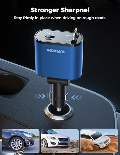 SUPERONE 【Upgraded】 Retractable Car Charger 4 in 1, Fast Car Phone Charger with Cord 2.6ft, USB C and Apple Car Charger Adapter, Compatible with iPhone 17/16/15/15 Pro Max/14/13/12/11, Galaxy, Pixel - color: Blue