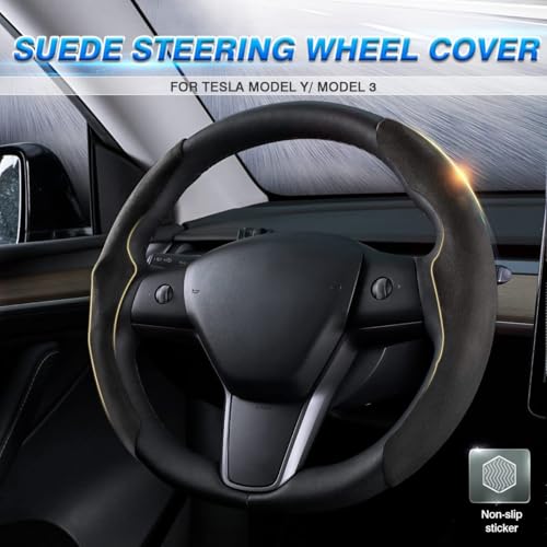 Shademax Custom-Fit for Tesla Steering Wheel Cover, Tesla Model Y 2020-2025 /Model 3 2017-2023Suede Steering Wheel Cover Protector, Non-Slip, Model Y/3 Accessories (Black) - color: Black