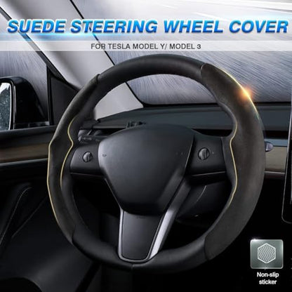Shademax Custom-Fit for Tesla Steering Wheel Cover, Tesla Model Y 2020-2025 /Model 3 2017-2023Suede Steering Wheel Cover Protector, Non-Slip, Model Y/3 Accessories (Black) - color: Black