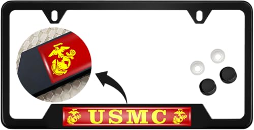 [Officially Licensed Product] - Stainless Steel Matte Black CAR 2-Hole Standard Size - Domed Custom-Made Corrosion-Resistant License Plate Frame with USMC Semper Fi, EGA Logo & Free caps - (Qty: 1) - size: USMC - EGA logo