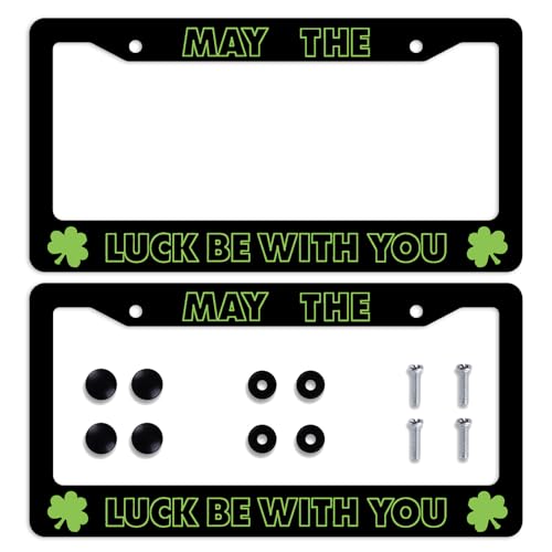 May The Luck Be with You Car Front License Plate Frame Green Four Leaf Clover Personalise License Plate Frames Stainless Steel Metal Car Plates Tag Funny Decor Men Women 12.2"x6.2" - color: May The Luck Be with You