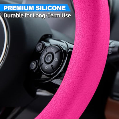Spurtar Hot Pink Car Steering Wheel Cover Women, Hot Pink Car Accessories Cute Soft Silicone Leather Texture Steering Wheel Protector, Fit Diamenter 15" - 16.5"