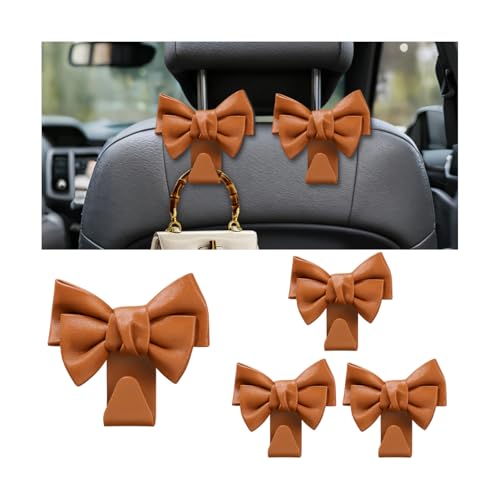 Car Seat Headrest Hooks, 4PCS Cute Bow Vehicle Seat Back Hanger Storage Hook, Automotive Interior Headrest Organizer for Handbag Purse Coat, Universal for SUV Sedan Truck (Brown) - color: Brown