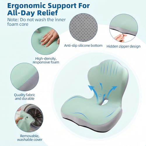 Office Chair Cushion with Back Support, Ergonomic Seat Cushion High Density Memory Foam with U-Shaped Raised Sides, Breathable Coccyx Relief for Better Posture, Office Chair, Car, Home (Green) - color: Green