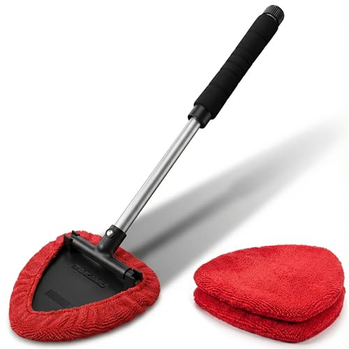 TAKAVU Windshield Window Cleaner Tool, Extendable Long-Reach Handle, Unique Pivoting Triangular Head, 3 Washable Reusable Microfiber Bonnets, Car & Home Inside Interior Exterior Use - Lint Free (Red) - color: Black & Red
