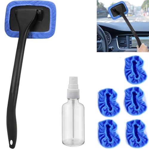 desin Car Windshield Cleaner Tool with Extendable Handle, Inside Auto Window Glass Cleaning Kit with 5 Washable Microfiber Pads, Streak-Free Defogger Wand for Deep Dashboards & SUVs - color: Blue