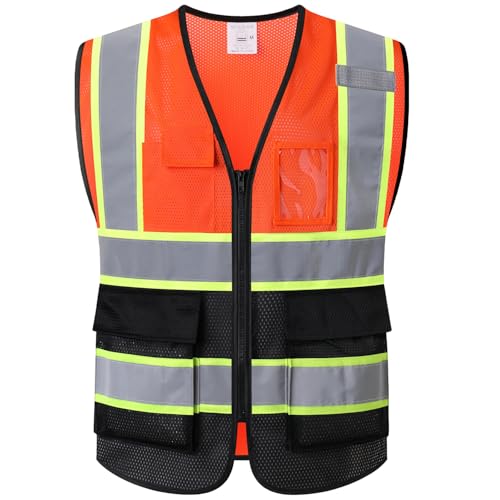 Reflective Mesh Safety Vest for Men Women with 5 Pockets and Zipper Front High Visibility Mesh Vest Hi Vis Construction Work Vest,Meets ANSI/ISEA Standards(EK175-Orangeblack-M) - color: Orangeblack, size: Medium