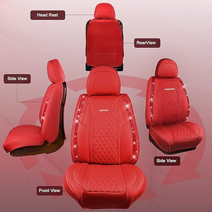 CAR PASS Nappa Leather Bling Diamond Car Seat Covers Full Set Universal Cushioned, Waterproof Heavy-Duty Anti-Slip Luxury Leather, Fit for SUV Sedan, Sparkly Glitter Shining Crystal Red Rhinestones - color: Red Diamond, size: Full Set