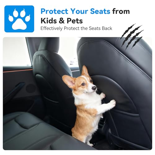 2026 Upgraded Leather Seat Back Kick Protector for Tesla Model Y/3/S/X Accessories (Includes 2026 Model Y Juniper & Model 3 Highland), Wear-Resistant Kick Mats with Organizer Pocket (Set of 2)