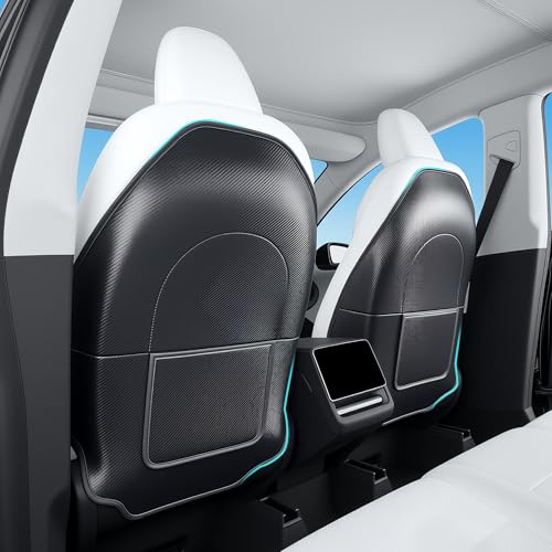 TOPABYTE Seat Back Kick Protector for Tesla Model Y Model 3 Model S Model X Leather Backseat Mats for Kids Wear-Resistant Back Seat Cover with Extra Organizer Pocket 2 PCS -Carbon Fiber