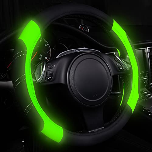 CAR PASS Line Rider Microfiber Leather Sporty Steering Wheel Cover Universal Fits for 95% Truck,SUV,Cars 14.5-15inch, Anti-Slip Safety Comfortable Design (Glows Lime Fluorescent Green) - color: Black＆Fluorescent Green, size: Standard[14.5"-15"]