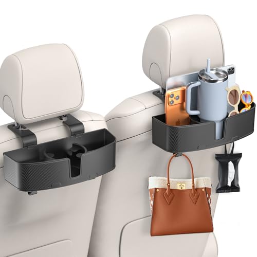 MAGJIEYX Car Headrest Cup Holder for Back Seat Organizer for Multi-Hanging Snack Storage Box with Strong Hooks for Kids and Backseat Passengers Share Rid for Travel Accessories（2-Pack） - color: Matte Black, size: 2 Pack