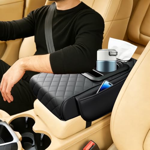 Car Center Console Armrest Box Mat, Nappa Leather Armrest Box Cover with Tissue Box, Cup Holder & Phone Holder, Middle Console Arm Rest Protection Pillow, Universal for Vehicles (Black) - color: Black