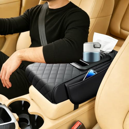 Car Center Console Armrest Box Mat, Nappa Leather Armrest Box Cover with Tissue Box, Cup Holder & Phone Holder, Middle Console Arm Rest Protection Pillow, Universal for Vehicles (Black) - color: Black