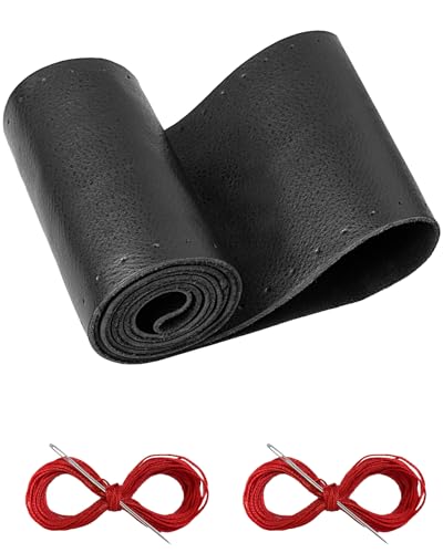 Belinous Leather Steering Wheel Cover Lace Up, Stitch on Steering Wheel Wrap, Universal Fit 13-20 Inch Car Truck Pickup Boat, A Whole Piece of Cowhide, DIY w/Needle Thread (Size L0, Black & Red) - color: Black and Red, size: L0