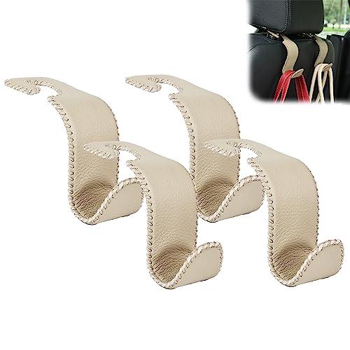 Amooca Car Seat Headrest Hook Universal Vehicle Storage Hanger Leather with Metal Car Seat Back Organizer for Handbag Purse Coat Beige 4 Pack - color: Light Beige, size: 4 Pack