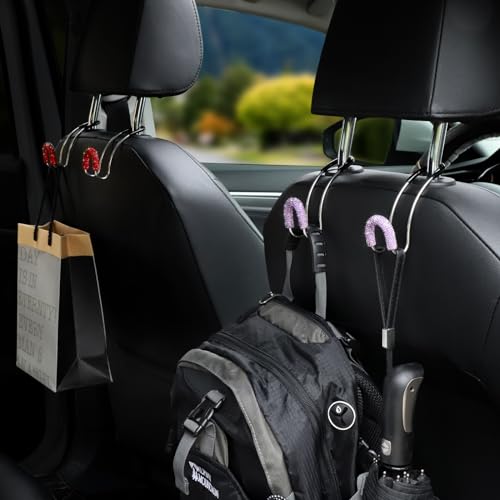 Soleebee 2 Pack Bling Car Headrest Hooks Crystal Rhinestones Universal Car Seat Hook Auto Hook Durable Car Back Seat Hangers Storage Organizer (Red) - color: Red