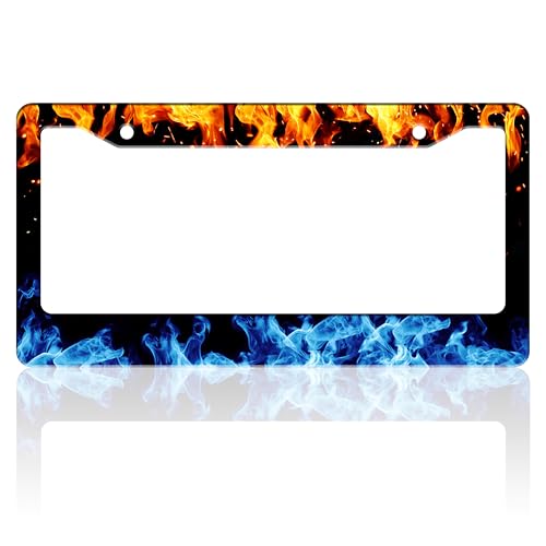 Red and Blue Flames License Plate Frame Abstract Fire License Plate Holder for Front or Rear Car Tags Stainless Steel Funny Car Decoration with Screws 6.3 X 12.2 in - color: Red And Blue Flames