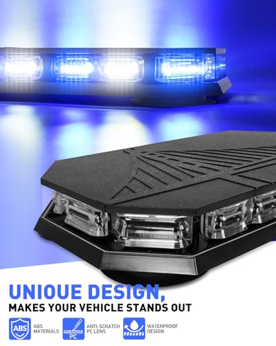HLauto 406D Rooftop Emergency Strobe Lights Bar, 102 LED Blue White Mini Beacon Safety Flashing Warning Traffic Lights Bar w/Magnetic Base for 12-24V Trucks, Construction Vehicles, Snowplow, Cars - color: Blue/White