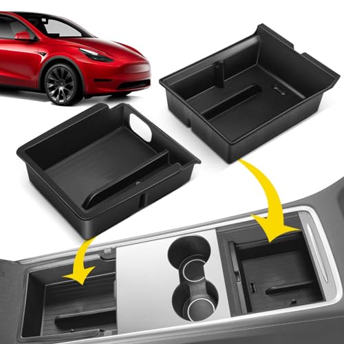 YHTAUTO 2 Pcs Center Console Organizer Tray Fit for Tesla Model 3 2021 2022 2023 & Model Y 2021 2022 2023 2024, Center Lower Bottom Storage Box with Sunglass Holder Non-slip - Black - color: 2pcs Center Storage Box