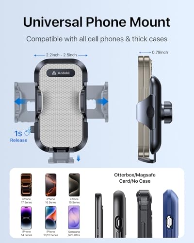 andobil Car Phone Holder Mount (Strong Suction&Bumpy Road Stable) Phone Holders for Your Car, Cell Phone Car Mount for Windshield Dash Vent Truck Cradle Stand for iPhone 17 16 15 14 Pro Max Grey - color: Grey