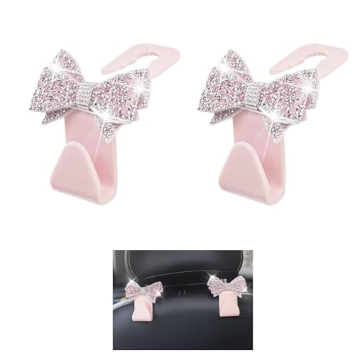 2 PCS Bling Bow Car Headrest Hook, S Type PVC Seat Back Hanger for Purses Bags Grocery, Sparkling Rhinestone Car Seat Hook Storage Decor, Universal for Most Vehicles (Pink) - color: Pink