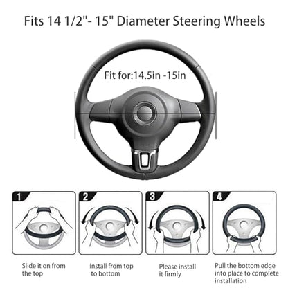 Black Genuine Leather Car Steering Wheel Cover Men Women,Cowhide Wheel Cover,Soft,Breathable,Anti-Slip,Luxury Steering Wheel Cover,Universal Standard Size 14.5-15 inch(M) - size: Standard size[14 1/2''-15'']