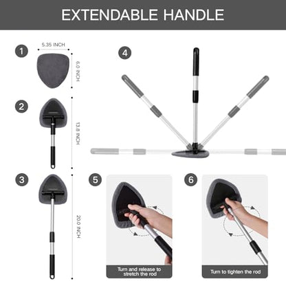 Qydipclin 11pcs Windshield Cleaner Tool, Car Window Cleaning Wash Kit with 6 Reusable Microfiber Pads 2 Spray Bottles and Extendable Handles Auto Glass Wiper Kit, Gray - color: Gray