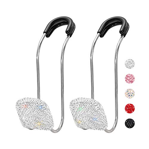 SAVORI Car Headrest Hooks Bling Car Accessories Rhinestones Universal Auto Back Seat Headrest Metal Hanger Organizer Vehicle Holder for Bag Purse Clothes Grocery 2PCS (White) - color: White