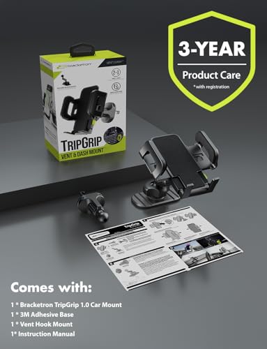 Bracketron Car Phone Holder, TripGrip Phone Mount for Car Dashboard & Air Vent, 360 Rotation One-Hand Release Car Cell Phone Holder for iPhone, Samsung, Androids. - style: Vent & 3M Stick 1.0