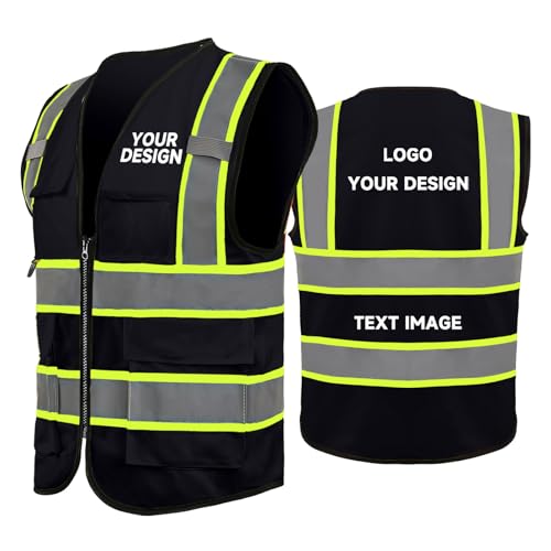 Custom Safety Vest with LOGO High Visibility Vest with 5 Pockets and Zipper Reflective ANSI/ISEA 107 Class 2 Type R - color: Black-1 Piece, size: XX-Large
