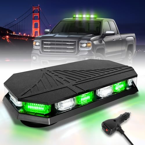 HLauto 406D Rooftop Emergency Strobe Lights Bar, 102 LED Green White Mini Beacon Safety Flashing Warning Traffic Lights Bar w/Magnetic Base for 12-24V Trucks, Construction Vehicles, Snowplow, Cars - color: Green/White