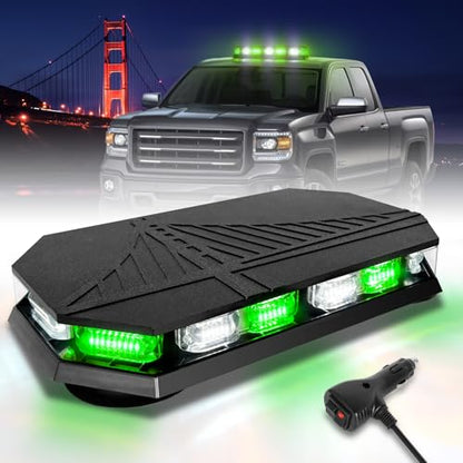 HLauto 406D Rooftop Emergency Strobe Lights Bar, 102 LED Green White Mini Beacon Safety Flashing Warning Traffic Lights Bar w/Magnetic Base for 12-24V Trucks, Construction Vehicles, Snowplow, Cars - color: Green/White