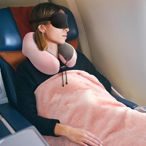 urnexttour Travel Pillow and Blanket Set Neck Pillows Travel Essentials with Sleep Mask for Airplane Car Memory Foam Pink - color: A-pink